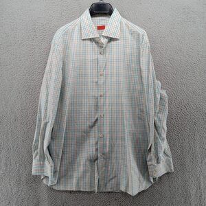 Isaia Shirt Mens 18 45 XXL 33 Sleeves Blue Tan Tartan‎ Check MOP Buttons Italy